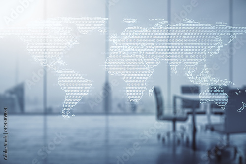 Double exposure of abstract digital world map on a modern meeting room background, research and strategy concept © Pixels Hunter