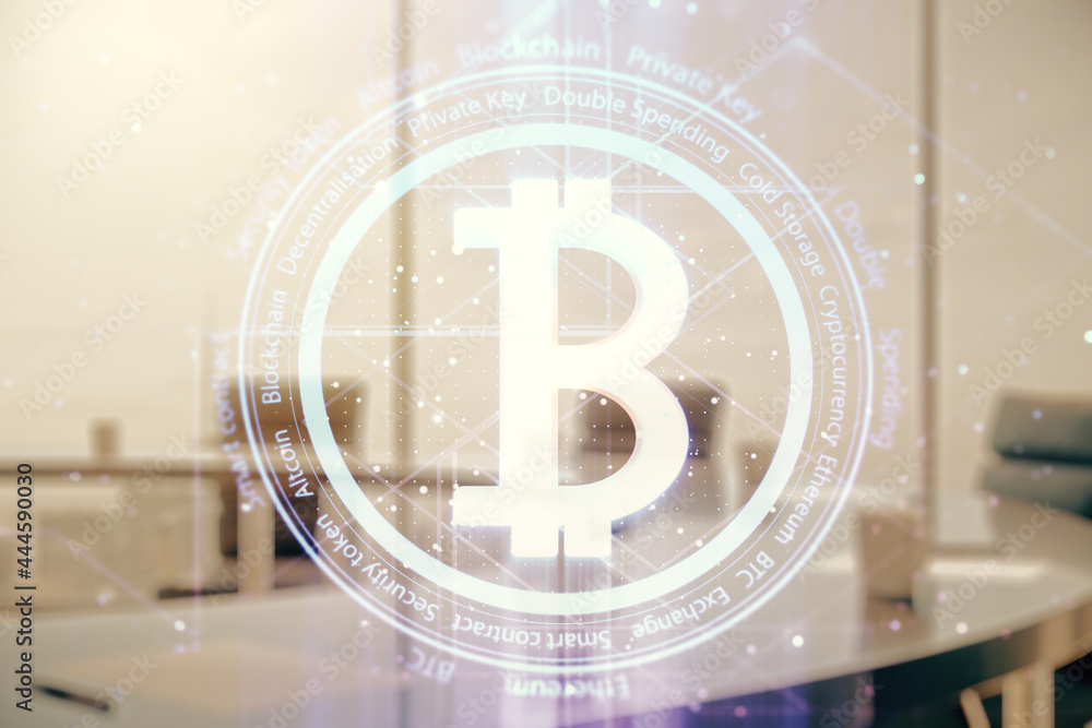 Double exposure of creative Bitcoin symbol hologram on a modern boardroom background. Mining and blockchain concept Double exposure of creative Bitcoin symbol hologram on a modern boardroom background. Mining and blockchain concept