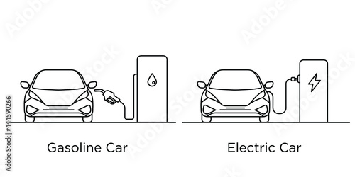 Gasoline Car vs Electric car. Vector black and white line drawing. Illustration. Line art. Ecology. Green City