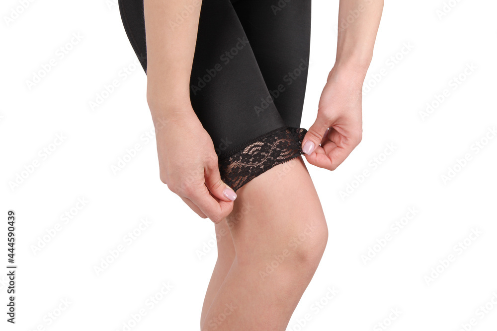 Black lace. Postnatal medical Compression underwear. Orthopedic bandage  underpants for lowering of the pelvic organs. Postpartum Tummy Control  Belly Bandage. Female Bodyshaper. Postoperative trousers Stock Photo