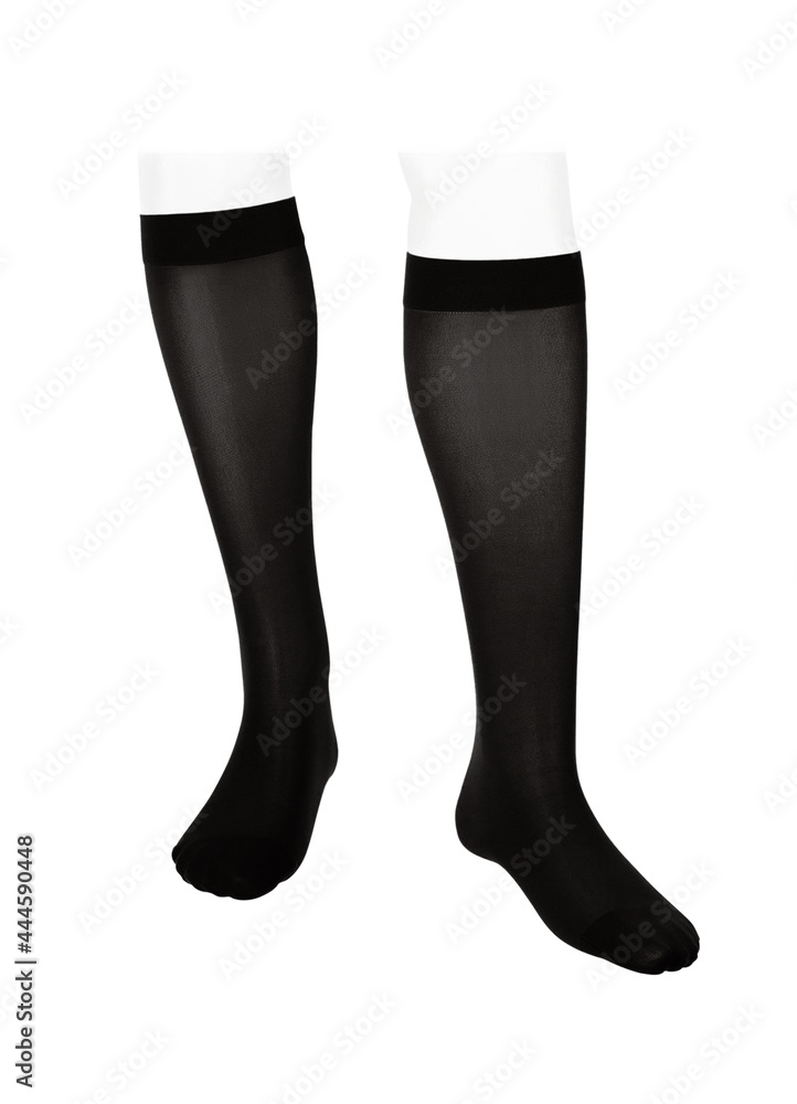 Closed toe linear calves. Compression Hosiery. Medical stockings, tights, socks, calves and sleeves for varicose veins and venouse therapy. Clinical knits. Sock for sports isolated on white background Closed toe linear calves. Compression Hosiery. Medical stockings, tights, socks, calves and sleeves for varicose veins and venouse therapy. Clinical knits. Sock for sports isolated on white background