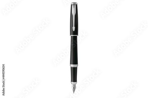 Ink fountain pen isolated on a white background. Luxury Black metal Retro pen for corporate identity and branding of stationery. High quality photo. Design template mockup.
