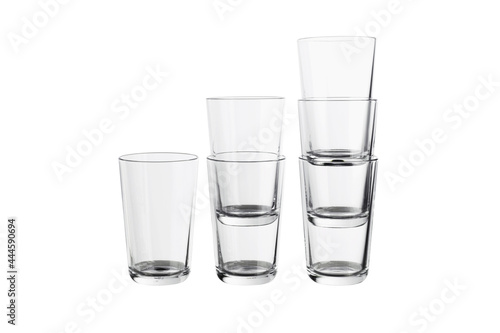 Set of six empty transparent glasses for water isolated on white background. Empty glass cup for advertising and menus of cafes and restaurants. Mug mock up set. High quality photo.