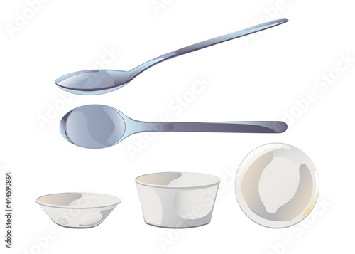 Empty ceramic sauce bowl and metal spoon in flat cartoon style. Vector illustration isolated on white background