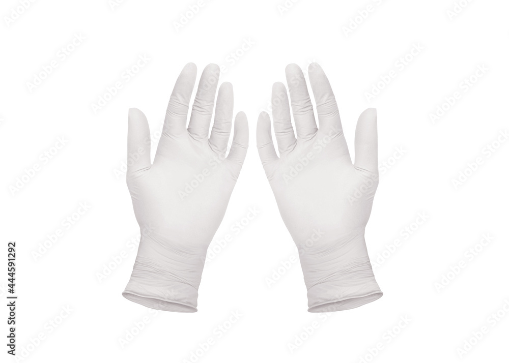 Obraz premium Medical nitrile gloves.Two white surgical gloves isolated on white background with hands. Rubber glove manufacturing, human hand is wearing a latex glove. Doctor or nurse putting on protective gloves