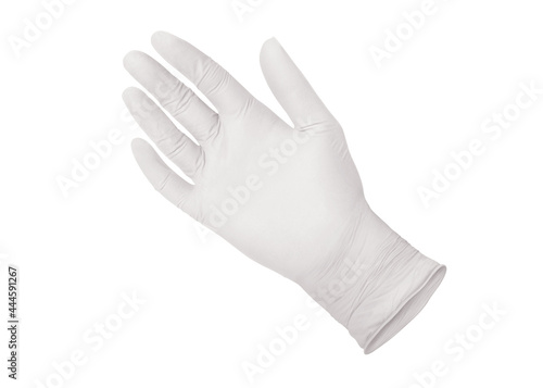 Medical nitrile gloves.Two white surgical gloves isolated on white background with hands. Rubber glove manufacturing, human hand is wearing a latex glove. Doctor or nurse putting on protective gloves © Maksim