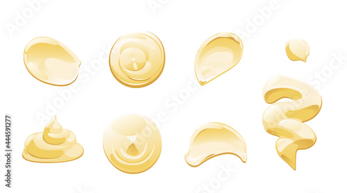 Mayonnaise or yoghurt drop, splash or stain set. Top and front view. Vector illustration in cartoon flat style.