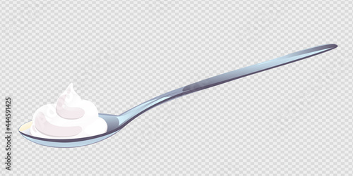 Whit sauce in spoon in cartoon style. White swirl condiment mousse in teaspoon. Vector illustration.