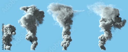 4 different renders of heavy white smoke column as from volcano or huge industrial explosion - pollution concept, 3d illustration of object