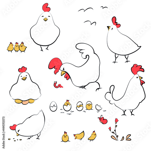 Set of poultry. Running, singing, walking hens, rooster and chicks. Hatching eggs. Clipart with nineteen elements. Vector illustration isolated on white background. 