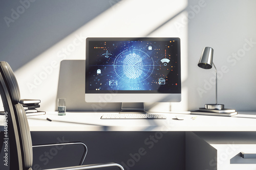 Modern computer screen with creative fingerprint hologram, personal biometric data concept. 3D Rendering