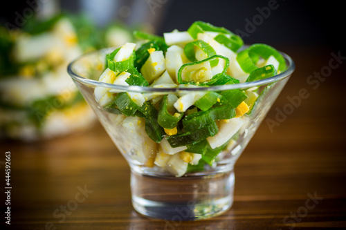 fresh spring salad with boiled squid, boiled eggs and green onions