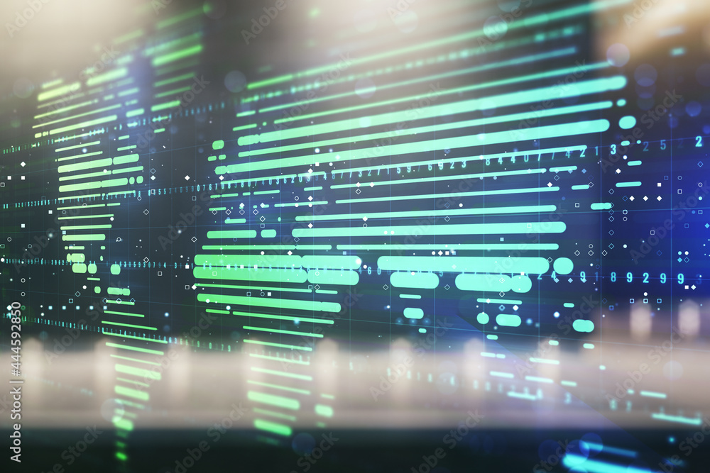 Fototapeta premium Multi exposure of abstract graphic world map on blurry contemporary office building background, big data and networking concept