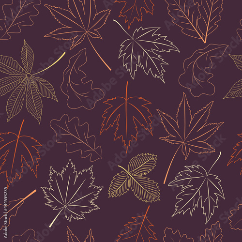 Outline Autumn Leaves seamless pattern.  Contour Fall season vector background
