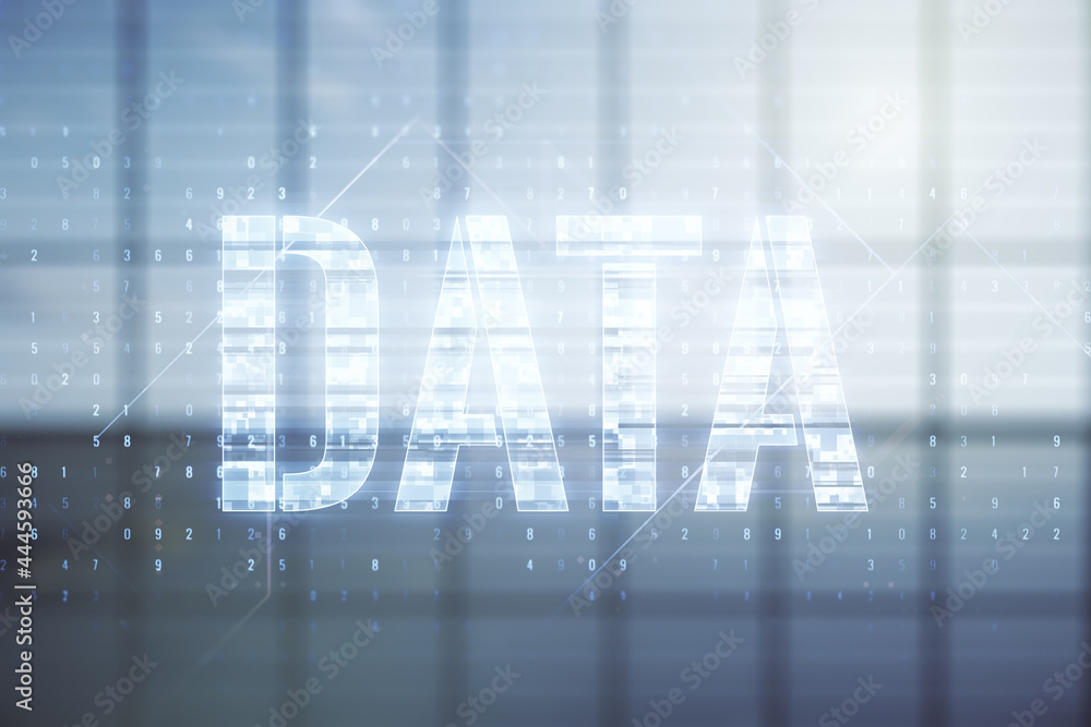 Virtual Data word sign hologram on empty corporate office background. Multiexposure Virtual Data word sign hologram on empty corporate office background. Multiexposure