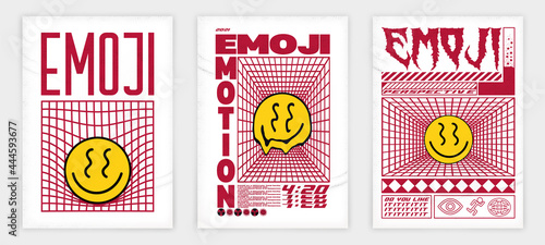 Abstract emoji poster. Acid Graphic style, Rave, Text design, Posters isolated on paper with shadow and noise.