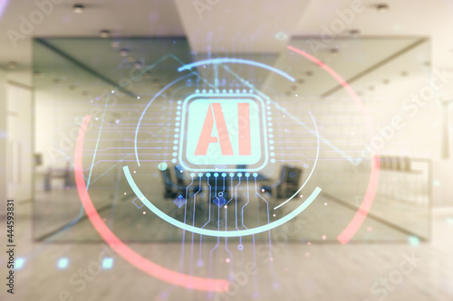 Abstract virtual artificial Intelligence symbol hologram on a modern furnished office background. Multiexposure