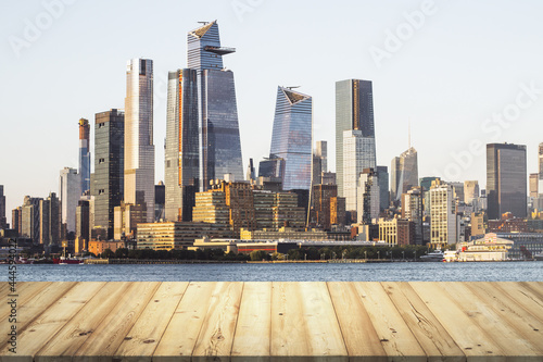 Table top made of wooden dies with beautiful Manhattan skyline on background, mockup © Pixels Hunter