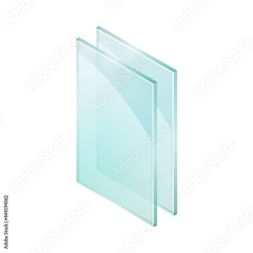 Vector illustration sheets of window glass isolated on white background. Realistic glass sheets icon. Isometric illustration shiny plates of industrial tempered glass. Double glazed window pane.
