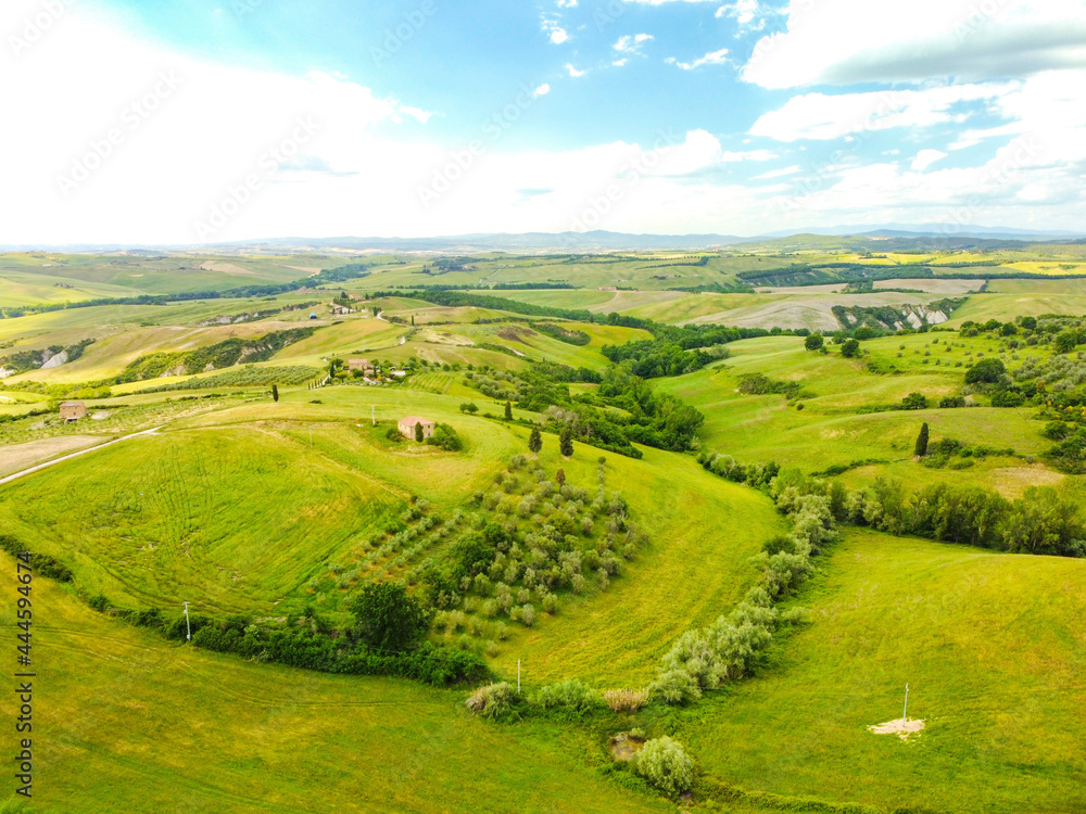 Pienza, Italy May 20 2021- aerial view of the Orcia valley in spring with drone