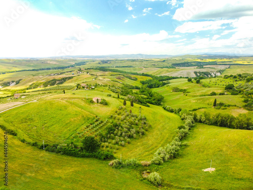 Pienza, Italy May 20 2021- aerial view of the Orcia valley in spring with drone