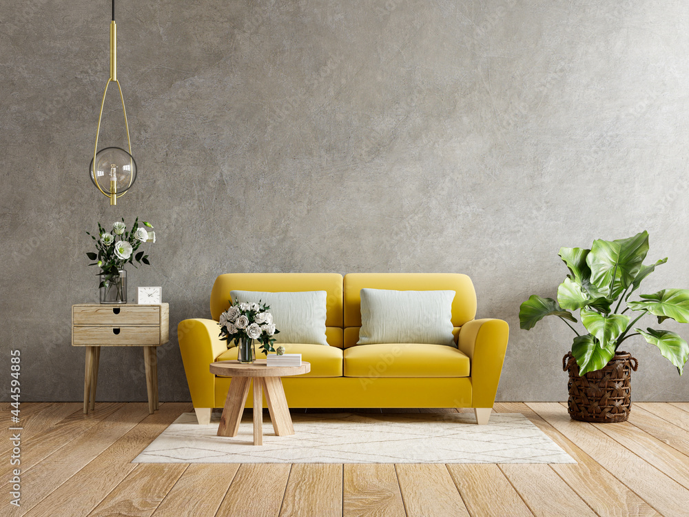 Yellow sofa and a wooden table in living room interior with plant,concrete wall. - obrazy, fototapety, plakaty 