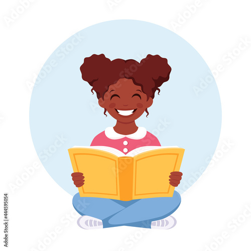 Black girl reading book. Girl doing homework. Back to school concept. Vector illustration