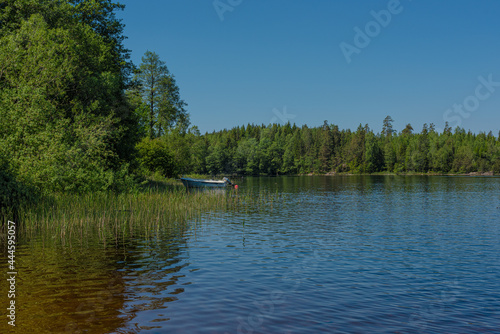 Forest around a small bay of a lake with a moored boat.