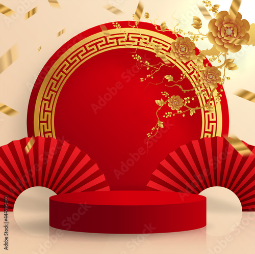 Podium round stage podium and paper art Chinese new year,Chinese Festivals, Mid Autumn Festival , red paper cut ,flower and asian elements with craft style on background.