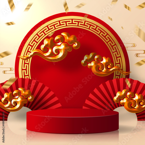 Podium round stage podium and paper art Chinese new year,Chinese Festivals, Mid Autumn Festival , red paper cut ,flower and asian elements with craft style on background.