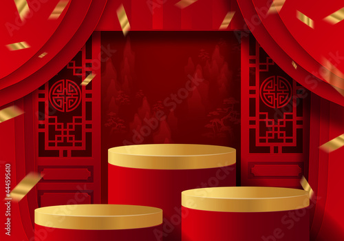 Podium round stage podium and paper art Chinese new year,Chinese Festivals, Mid Autumn Festival , red paper cut ,flower and asian elements with craft style on background.