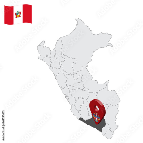 Location of  Arequipa on map Peru. 3d location sign similar to the flag of Arequipa. Quality map  with  provinces Republic of Peru for your design. EPS10 photo