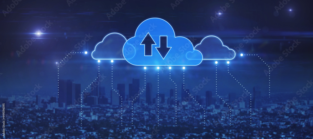 Abstract glowing clouds hologram on dark blue night city background. Cloud computing and download concept. Double exposure. - obrazy, fototapety, plakaty 