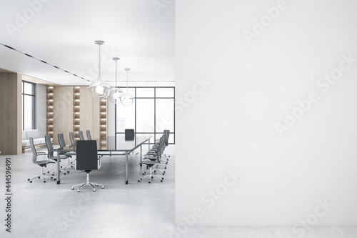 Modern spacious conference room interior with panoramic city view, empty white mockup place daylight and furniture. Mock up, 3D Rendering.