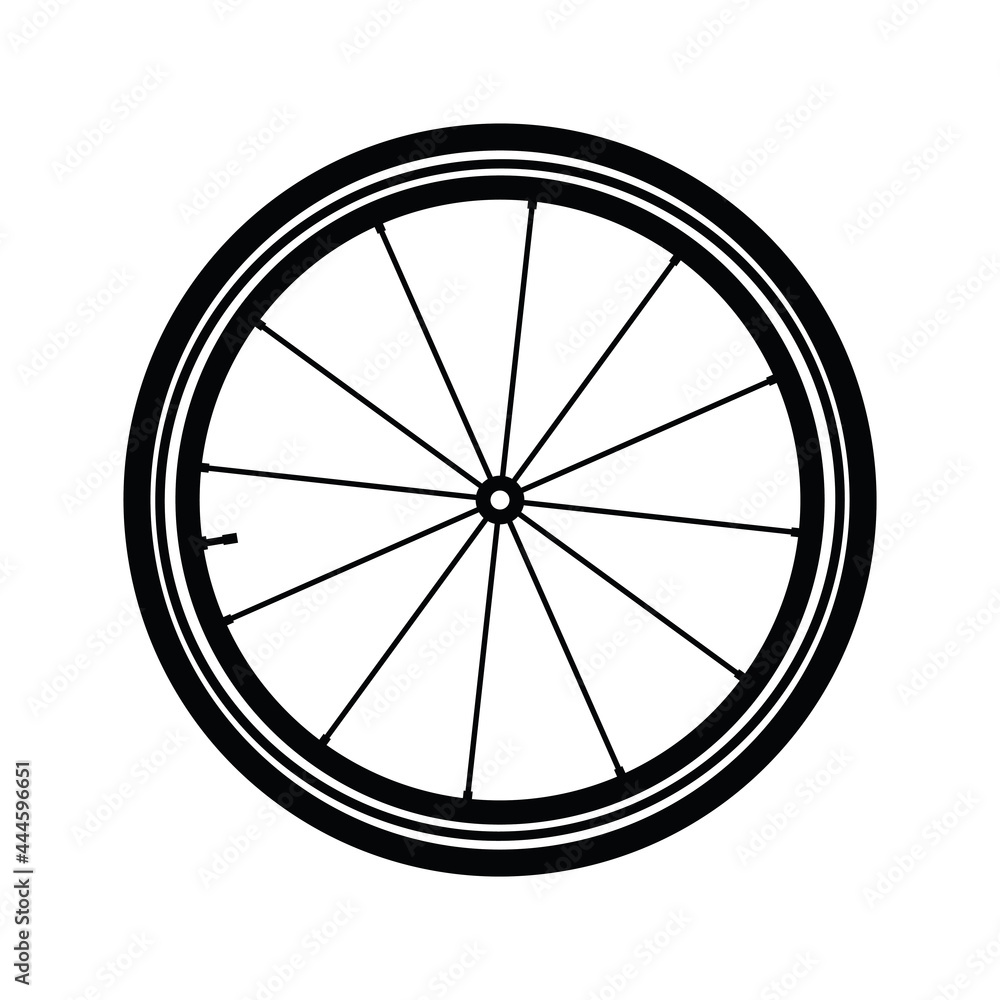 Bicycle wheel with spokes and valve isolated flat vector illustration, silhouette of bicycle road wheel logo