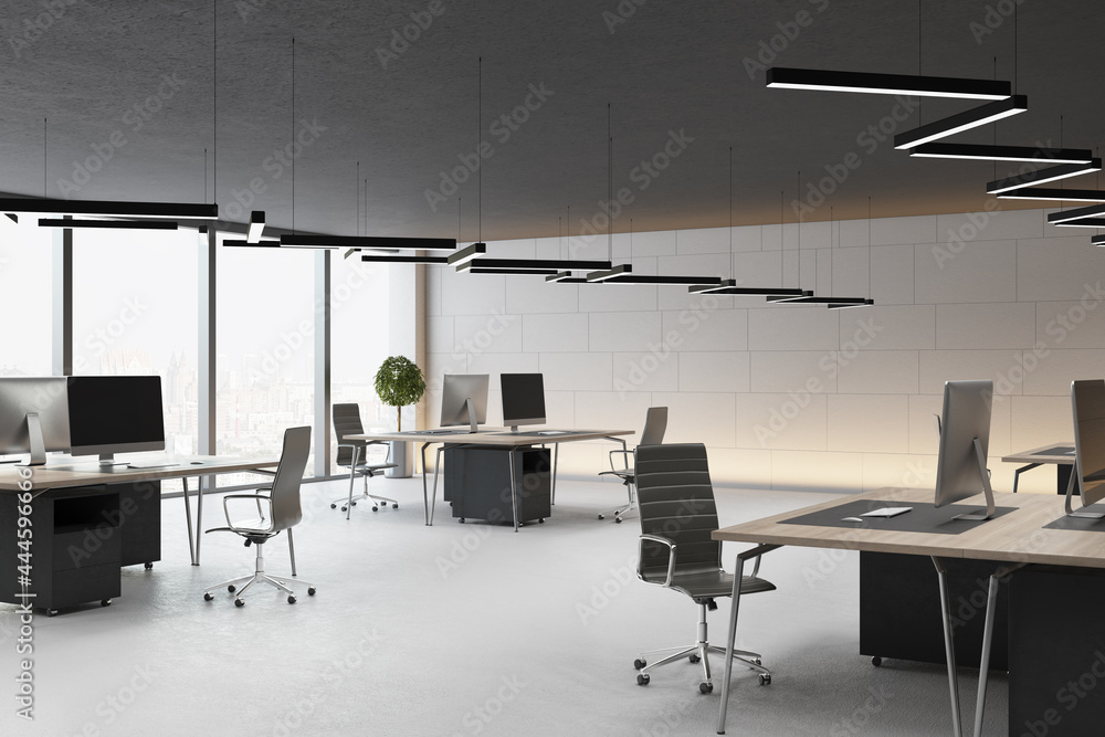 Luxury concrete coworking office interior with furniture, window with city view and daylight