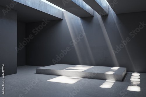 Dark concrete exhibition room interior with podium and empty mockup place. Mock up, 3D Rendering.