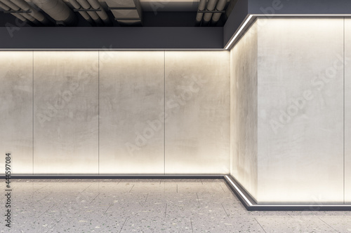 Clean exhibition space concrete interior with mockup place on wall. Mock up, 3D Rendering.