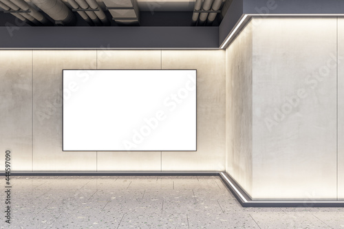 Modern exhibition space concrete interior with empty banner on wall. Mock up, 3D Rendering.