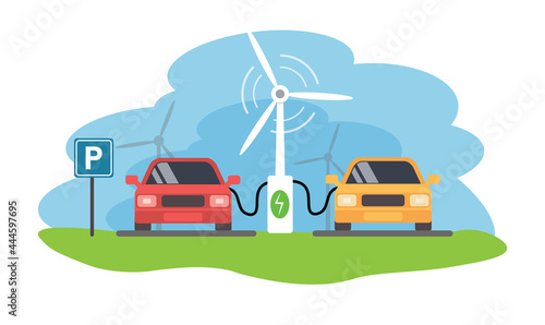 Parking with electromobiles which are charged, from windmill, charged station, eco concept, vector, illustration