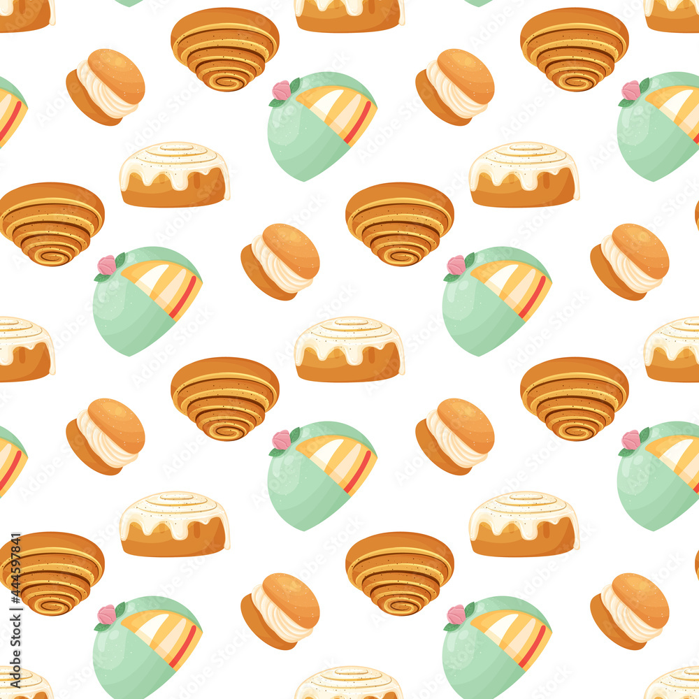 Seamless pattern with traditional swedish sweets. Kanelbulle roll, cinnamon bun, prinsesstarta, semla. Vector illustration in the cartoon style. Seamless pattern with traditional swedish sweets. Kanelbulle roll, cinnamon bun, prinsesstarta, semla. Vector illustration in the cartoon style.