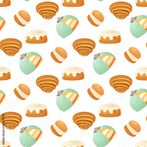 Seamless pattern with traditional swedish sweets. Kanelbulle roll, cinnamon bun, prinsesstarta, semla. Vector illustration in the cartoon style.