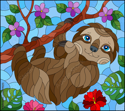An illustration in the style of a stained glass window with a cute cartoon sloth, on a tree branch, a rectangular image