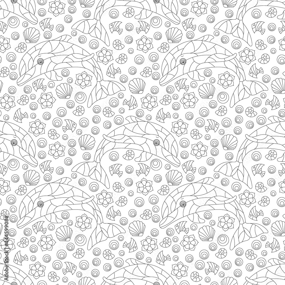 Seamless pattern with contour cartoon dolphins and shells, outline animals on a blue background