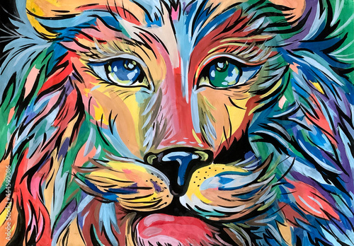 Lion face close-up. Bright drawing of a lion.