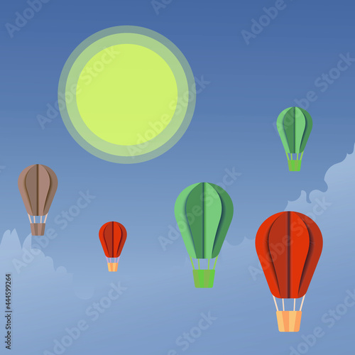 Hot air balloons, stars and clouds on the dark night sky background. Night scene background. Paper craft style. Vector Illustration.