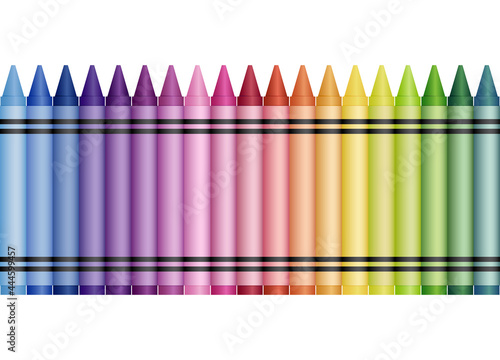 A colorful rainbow gradient of crayons lined up in a row
