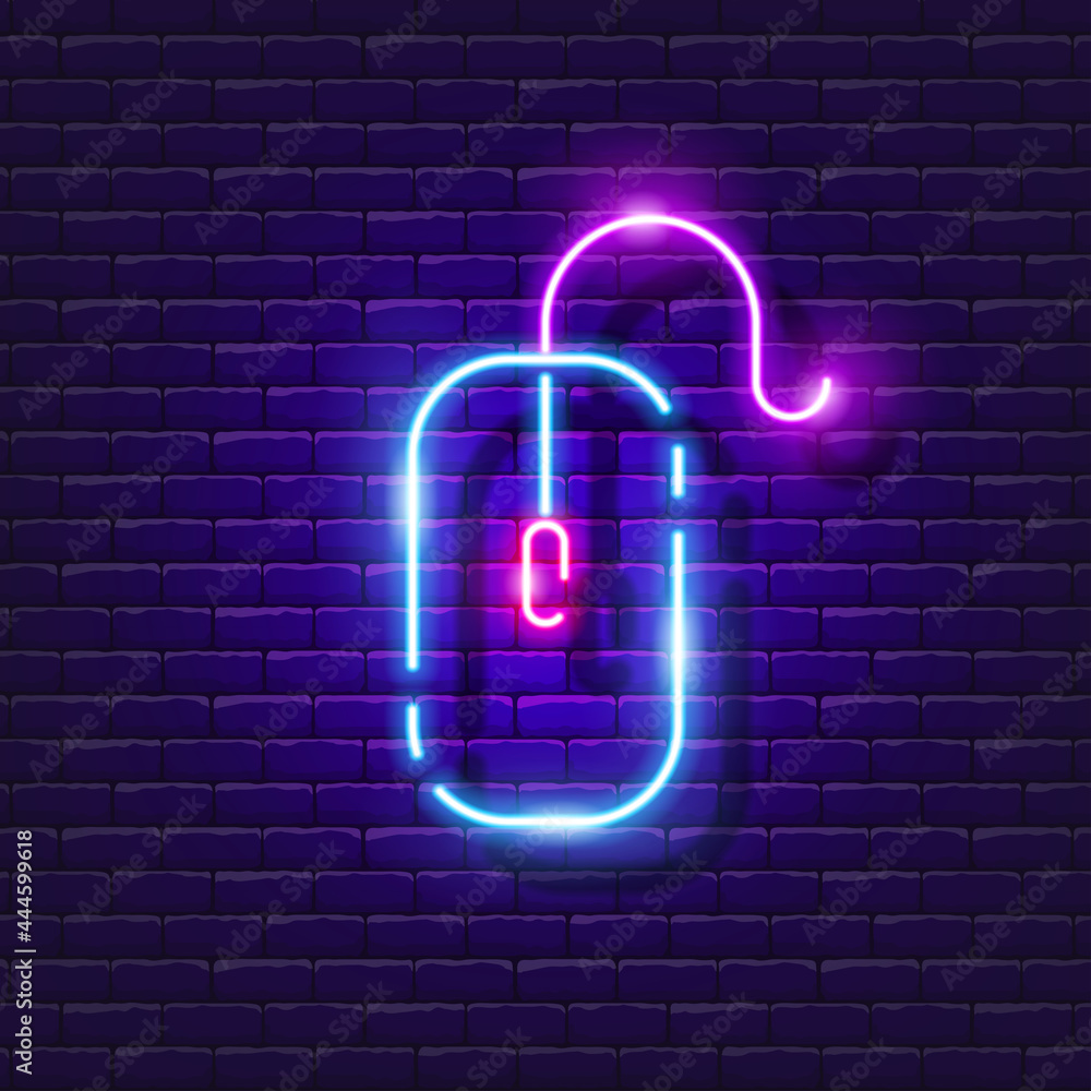 Computer mouse neon sign. Computer Hardware Glowing Icon. Vector illustration for design. Office concept. Computer mouse neon sign. Computer Hardware Glowing Icon. Vector illustration for design. Office concept.