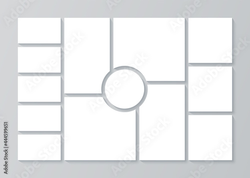 Moodboard grid. Collage template. Vector. Mood board banner. Montage photo images. Mosaic pictures album layout. Photomontage frames with circle. Horizontal design gallery mockup. Simple illustration.