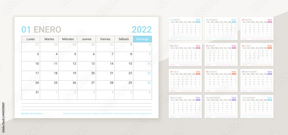 Spanish calendar for 2022 year. Planner template. Table calender layout with 12 month. Vector. Week starts Monday. Schedule grid. Yearly organizer. Horizontal monthly diary. Simple illustration. Spanish calendar for 2022 year. Planner template. Table calender layout with 12 month. Vector. Week starts Monday. Schedule grid. Yearly organizer. Horizontal monthly diary. Simple illustration.